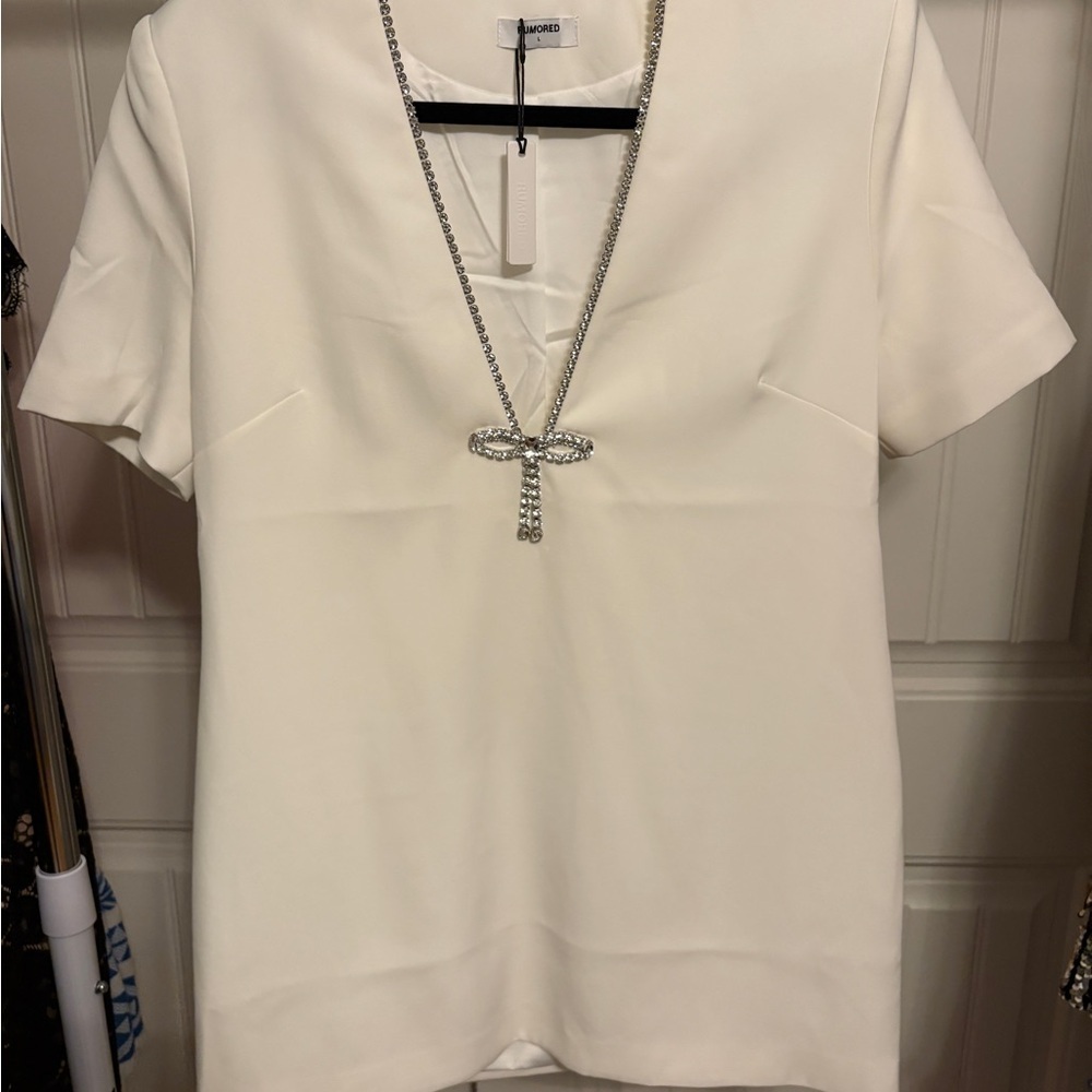 Rumored Disco White Mini Dress with Rhinestone Bow Size L NWT
